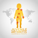 Map of world with child and headline: Juvenile Arthritis Awareness Month